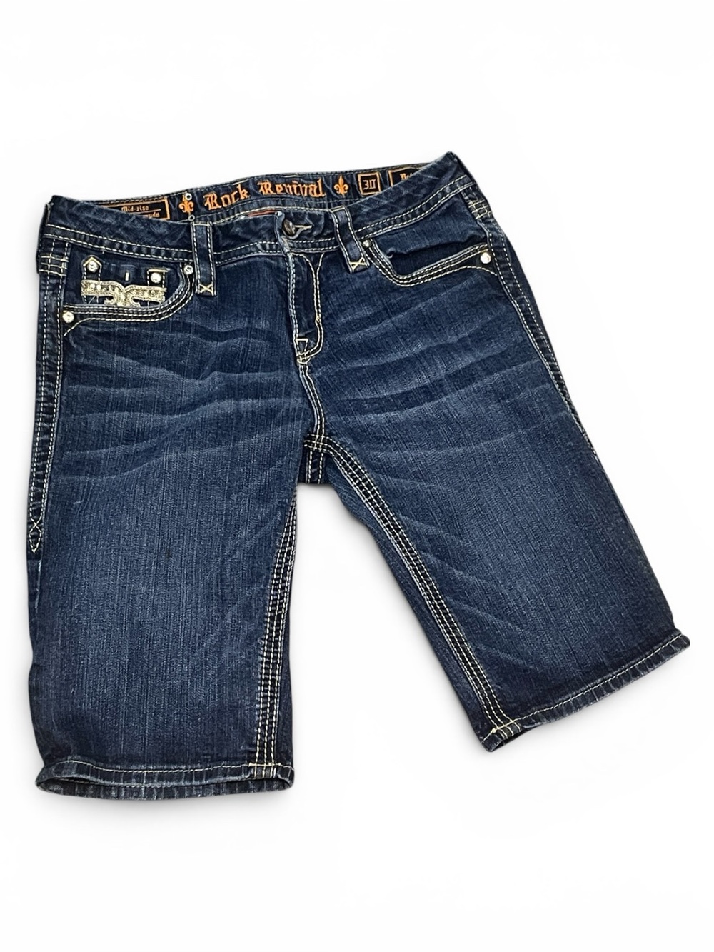 Rock Revival Betty Bermuda Shorts Size 30 Dark Wash Embellished Pockets